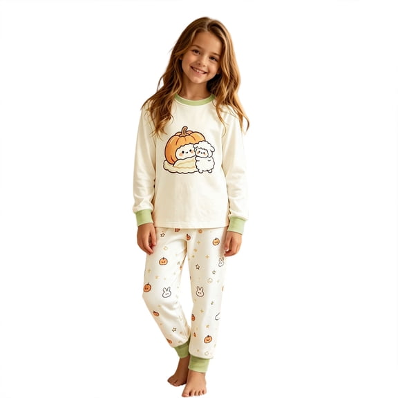 JIAYUE Girls Halloween Pajama 2 Piece Set Striped Print Crew Neck Long Sleeve Tops And Pants Loungewear for Indoor Night Rest,100 3Y