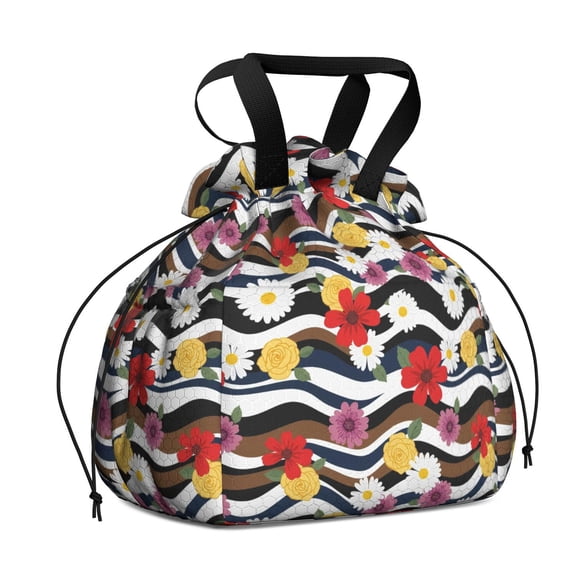 Pioneer Flower Floral Print Pattern Drawstring Lunch Bag Women - Drawstring Lunch Bag Insulated for Work Office - Stain-Resistant Large Lunchbags for Women with Multi-Pockets