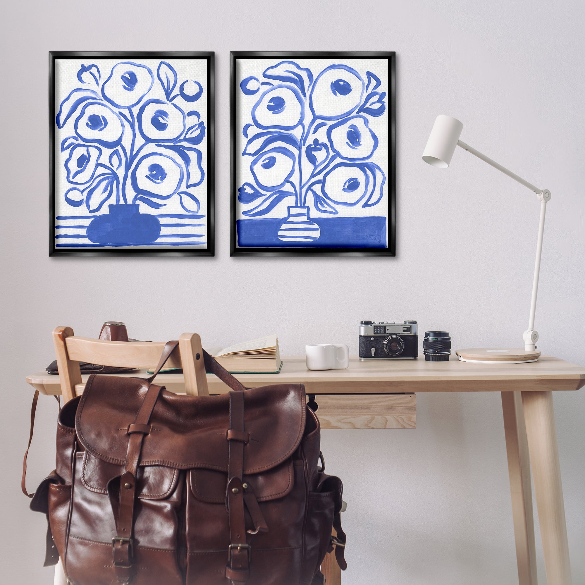 Stupell Industries Modern Blue Floral Vase Plants & Flowers Painting Black Floater Framed Canvas Art Print Wall Art, 31 x 25, Set of 2