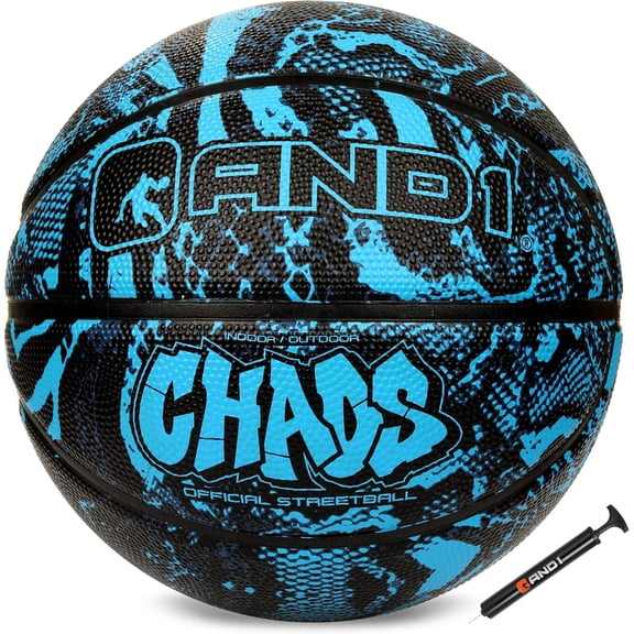AND1 Chaos Graffiti Rubber Basketball, Size 7 (29.5"), Indoor/Outdoor, Deep Channel Construction, Vibrant Colors, Includes Hand Pump