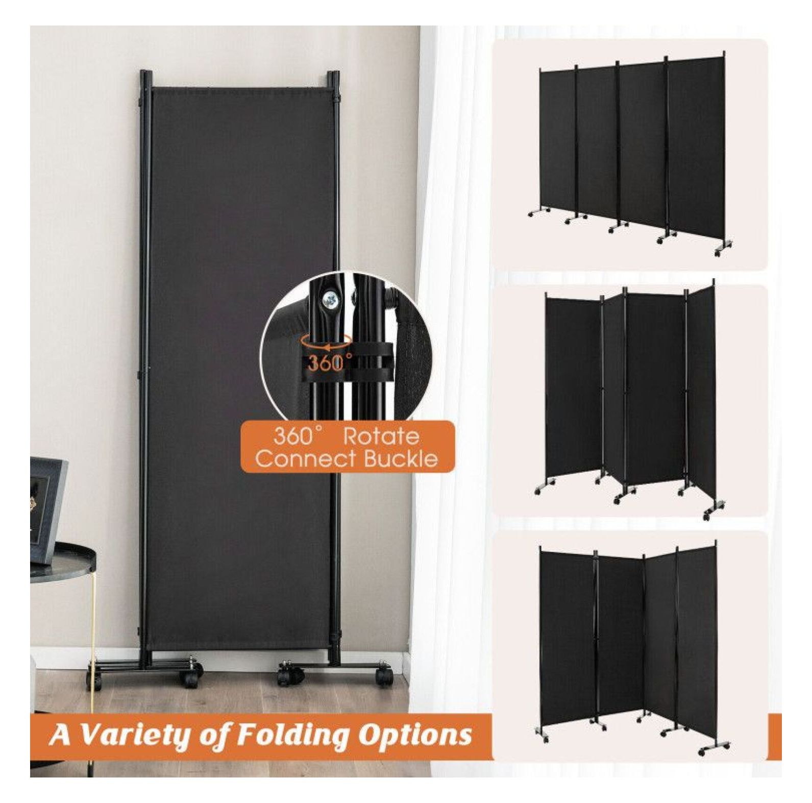 Yunken 4-Panel Folding Room Divider with Lockable Wheels, 5.6 Ft Tall Portable Privacy Screen for Home & Office Use