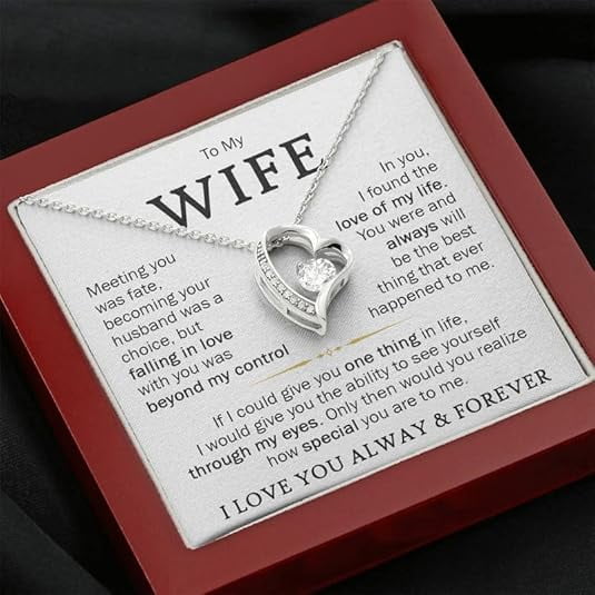 Forever Love Necklace To My Wife with Message Card and LED Box, Heart Necklace for Women with Adjustable Cable Chain, Sentimental Birthday Valentine's Day Gift for Her, Christmas Gift