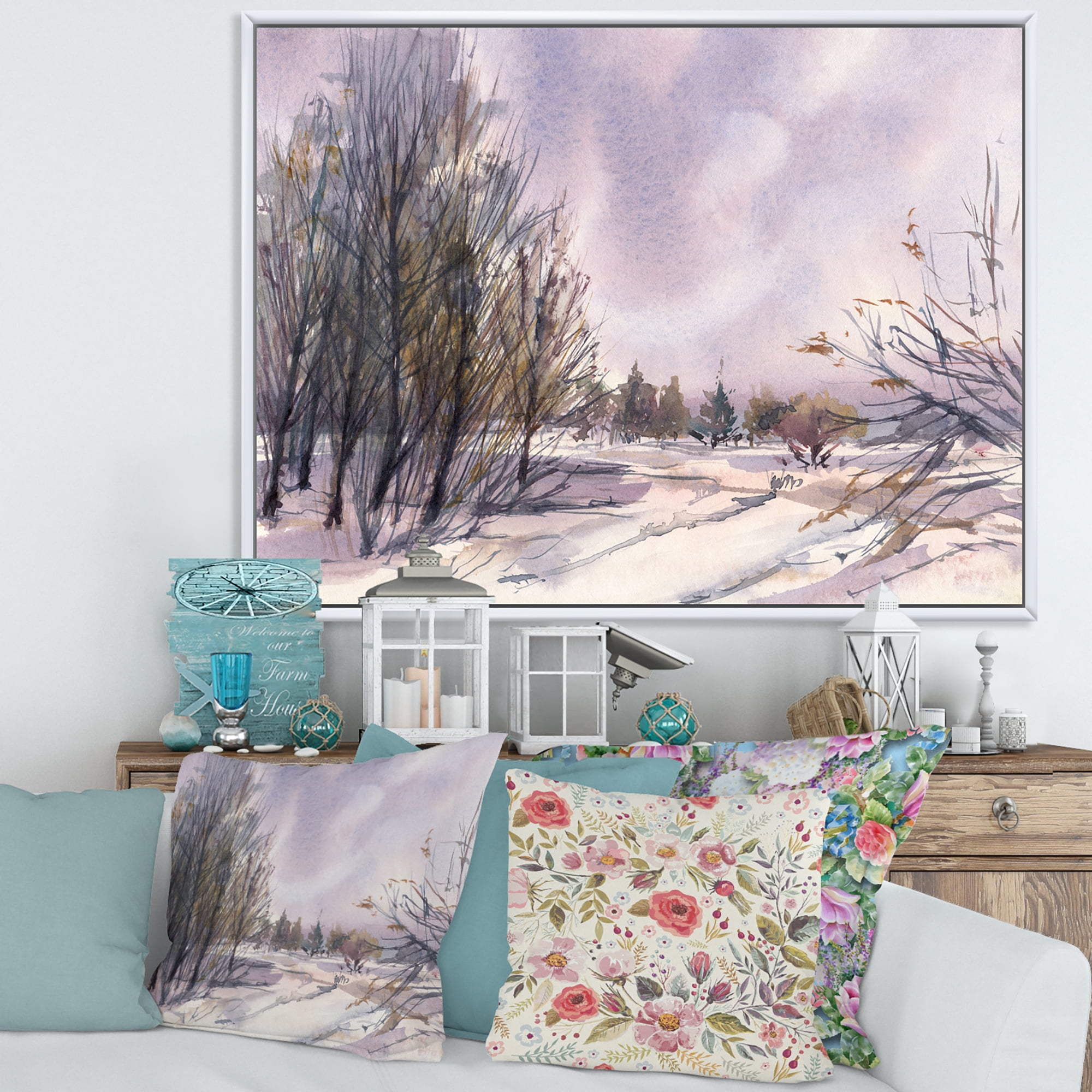 Designart 'Purple Snowy Tones With Winter Landscape' Traditional Framed Canvas Wall Art Print