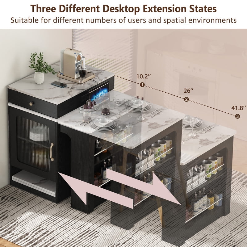 Bellemave 60" Kitchen Island with Extendable Dining Table and Power Outlet, Mobile Kitchen Storage Islands with 2 Storage Drawers, Rolling Islands Cart with Extra Rows Open Shelves（Black)