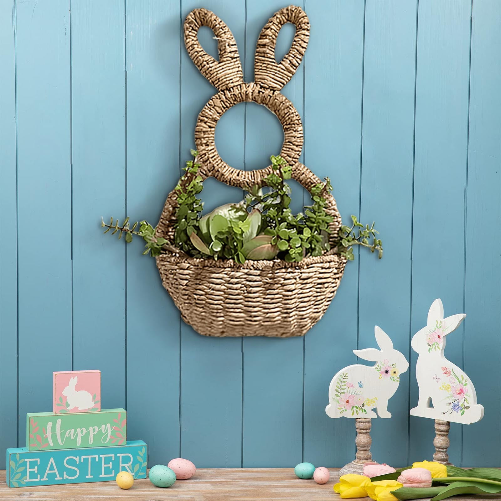 Wmkox8yii Wicker Easter Bunny Basket Hanging Wall Pocket Spring Decor, Hand Woven Easter Bunny Basket Front Door Basket Hanging, Perfect for Adding for Front Door Decorations Indoor or Outdoor
