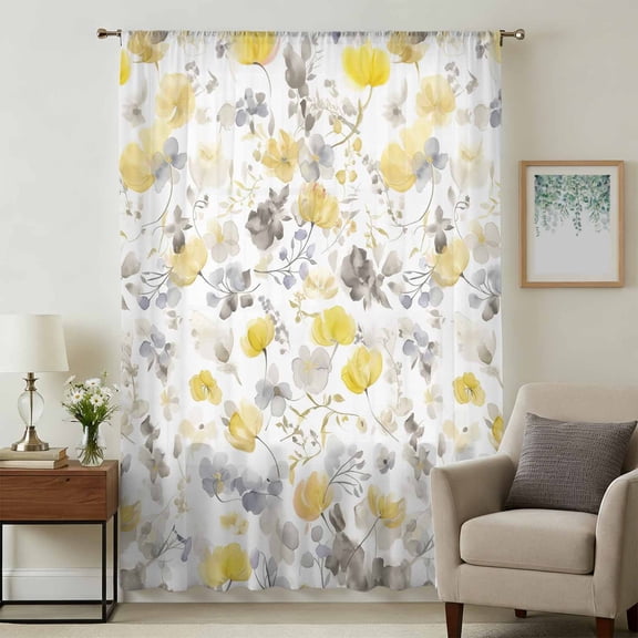 Yellow Grey Botanical Sheer Curtains 54 Inches Long, Spring Floral Watercolor Light Filering Curtains, Breathable Simi Curtain Privacy Drapes for Kitchen Bathroom Nursery Small Window Treatment