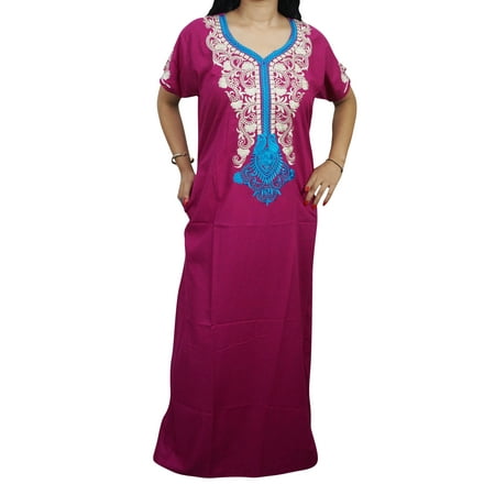 - Mogul Womens Holiday Maxi Caftan Pink Ethnic Embroidered Neckline Cotton Nightwear