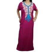 Mogul Womens Holiday Maxi Caftan Pink Ethnic Embroidered Neckline Cotton Nightwear