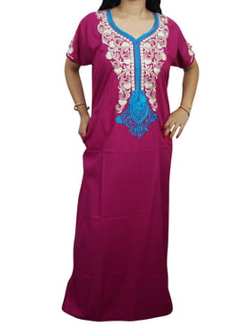 Mogul Womens Holiday Maxi Caftan Pink Ethnic Embroidered Neckline Cotton Nightwear