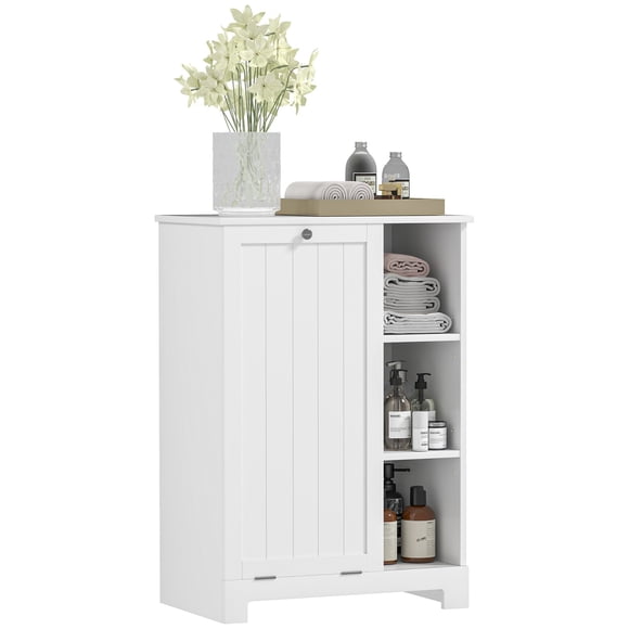 White Laundry Cabinet with Tilt-Out Hamper & Adjustable Shelf - Bathroom Storage Cabinet with Removable Basket, 23.6" x 15" x 33.9"
