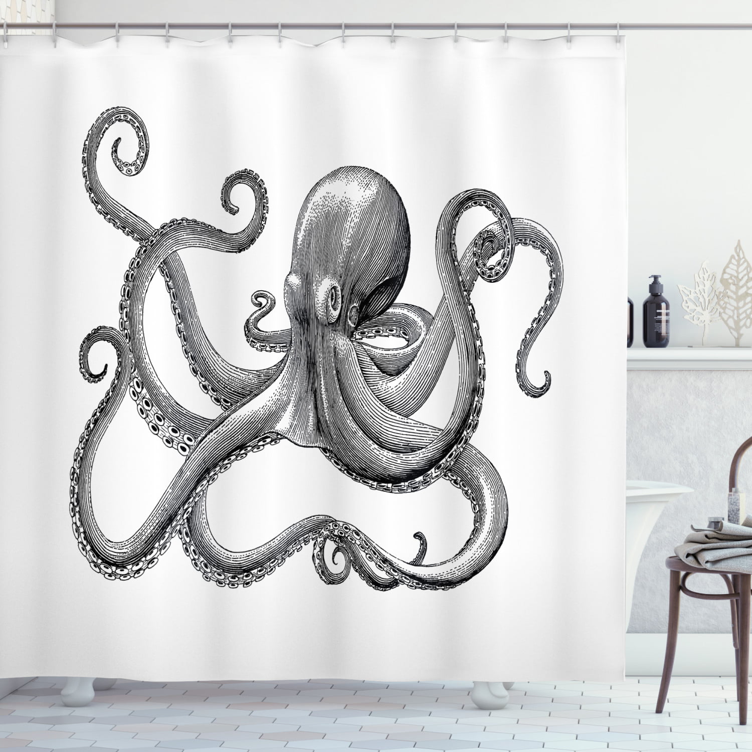 Octopus Shower Curtain Vintage Style, Cotton Octopus Shower Curtain