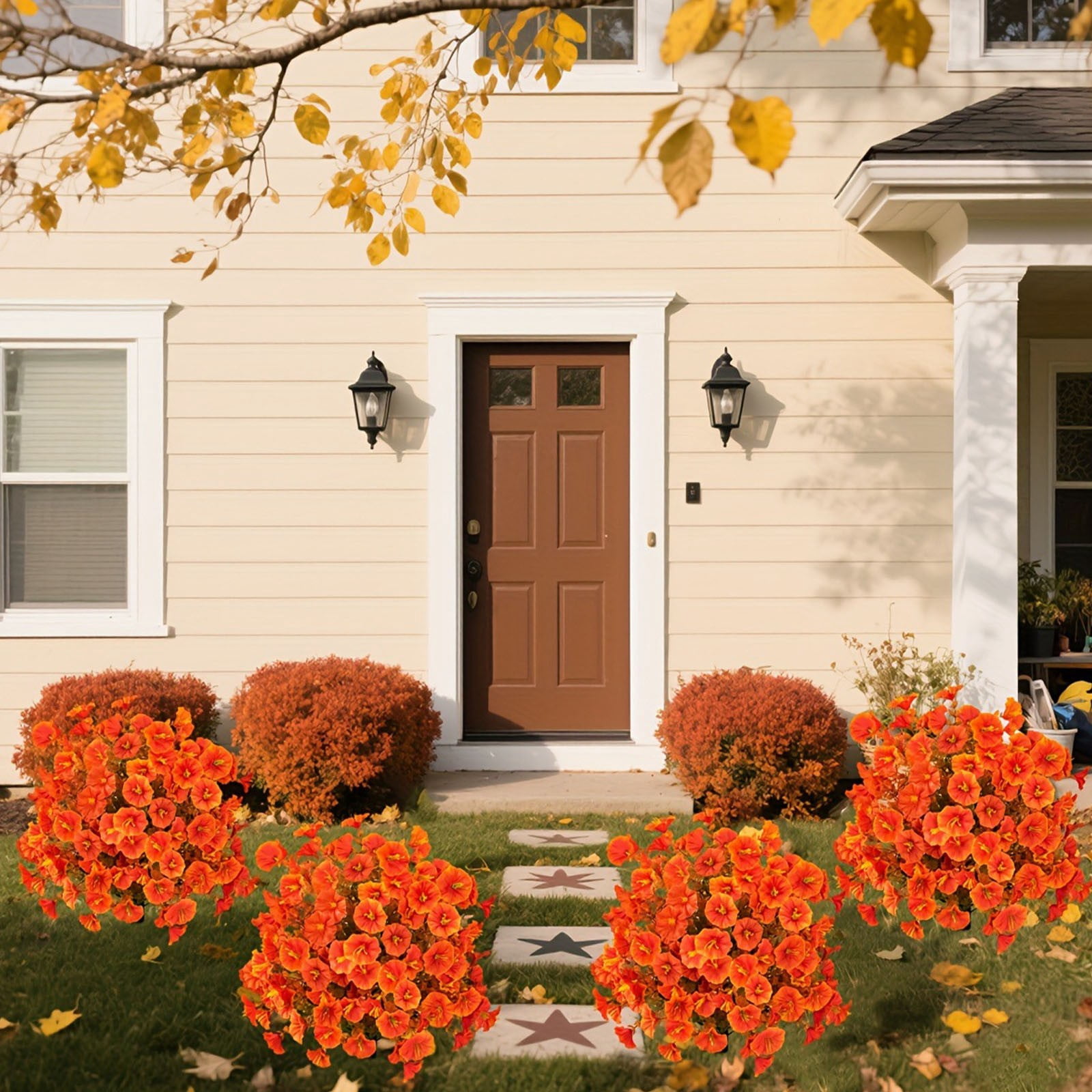 20" Artificial Boxwood Topiary Ball Trees with Ground Spike, UV Resistant Fake Bushes Plants with Fall Camellia Flowers,Faux Outdoor Shrubs & Bushes for Front Yard Decor