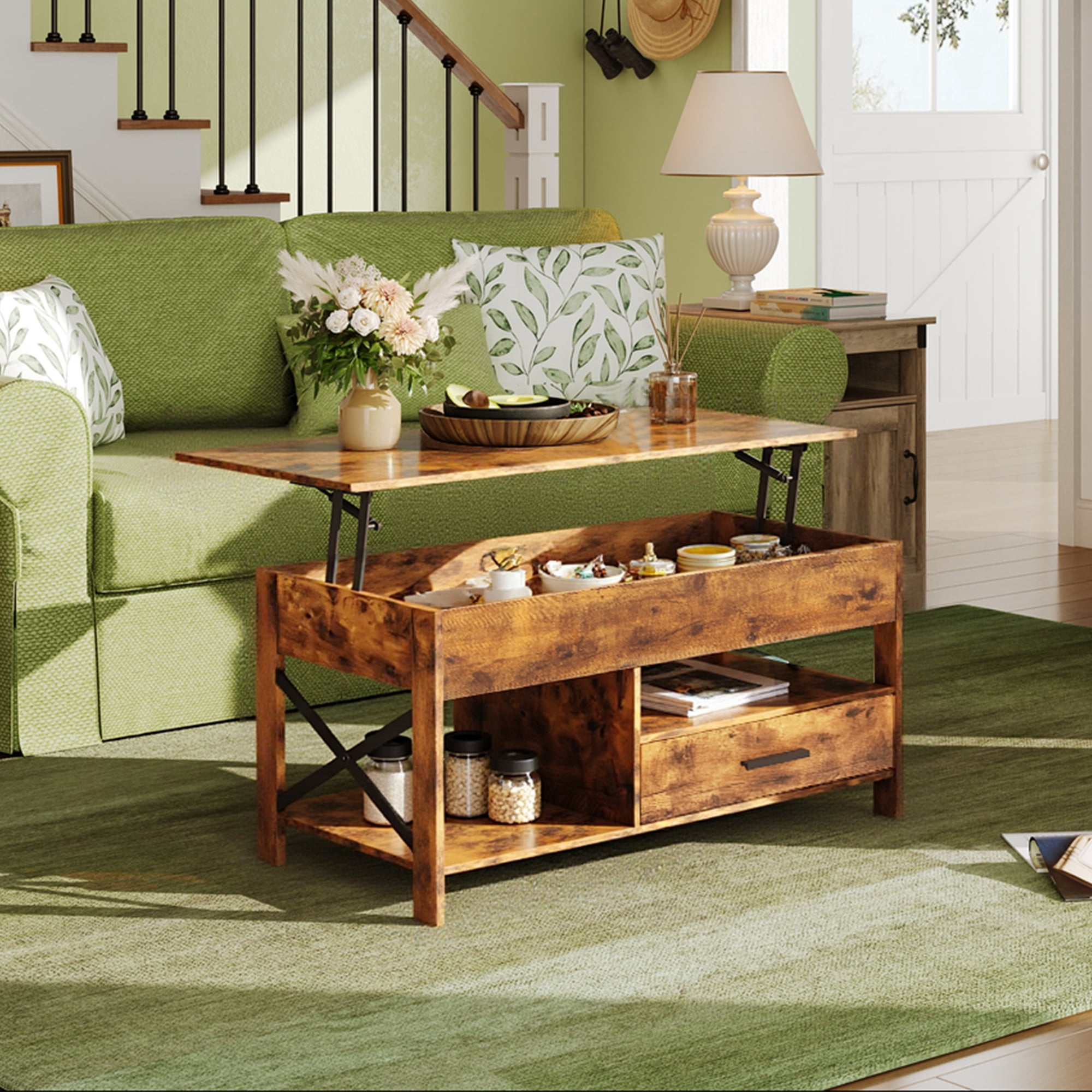 GALAXHERO Coffee Table, 39" Lift Top Coffee Table with Hidden Compartment, Storage Drawers and Storage Shelf for Living Room, Reception Room, Rustic Brown
