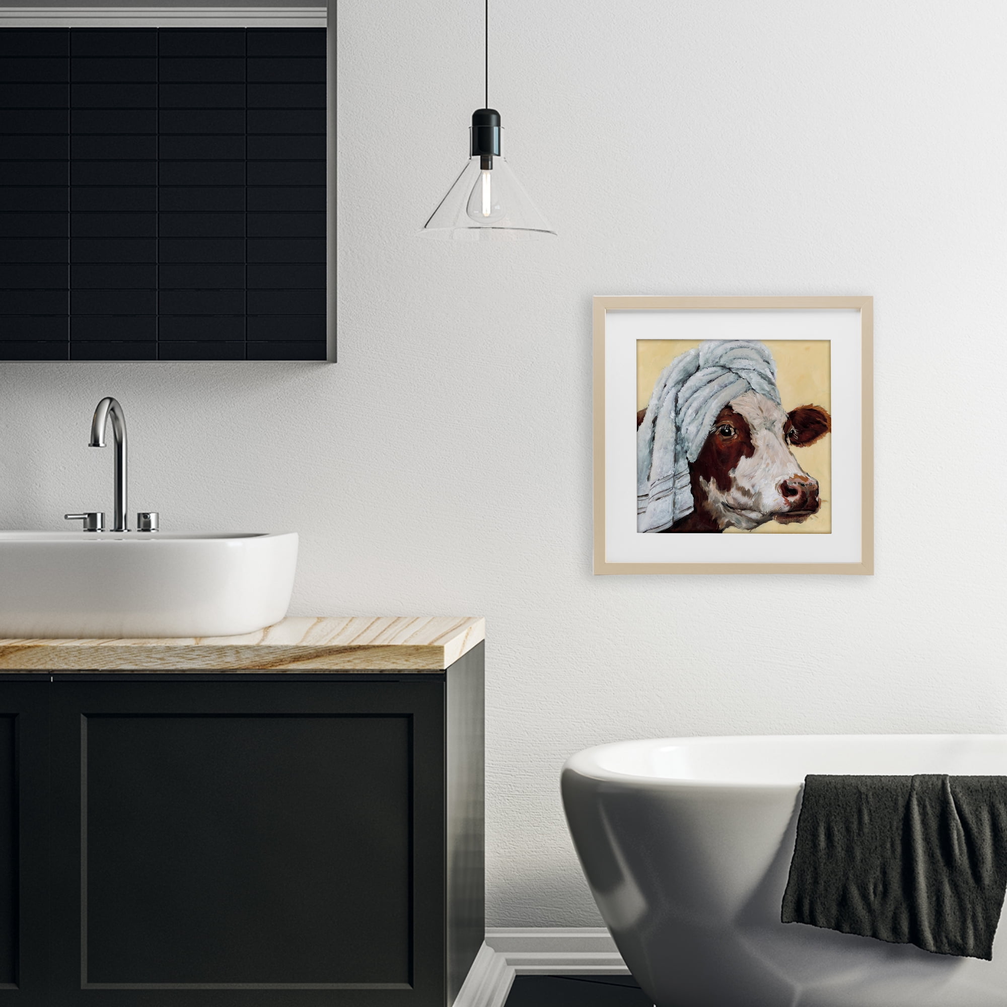 Stupell Industries Cow Spa with Towel Birch Framed Print Under Glass, design by Studio Bautista