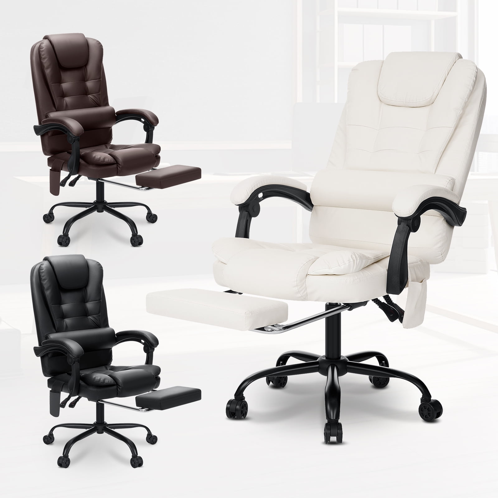Hoffree Executive Office Chair Massage and Footrest Ergonomic Computer Desk Chair Reclining High Back Leather Office Chair Lumbar Back Support Swivel Rolling for Home Office Beige