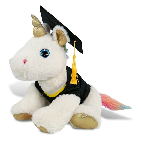 DolliBu White and Gold Unicorn Graduation Plush Toy - Soft Plush Graduation Stuffed Animal Dress Up with Gown and Cap with Tassel Outfit - Congratulatory Graduation Gift - 14 Inch