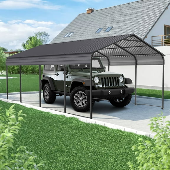 Miekor Metal Carport 12 ×20 FT Heavy Duty with Galvanized Steel Roof, Metal Garage Canopy with Galvanized Steel Roof & Frame, Car Tent Outdoor Storage Shed for Car, Boats and Truck, Gray 63829