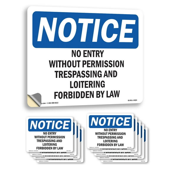 No Entry Without Permission Trespassing OSHA Notice Vinyl Decal Label 5 Inch x 3.5 Inch - 10 Pack