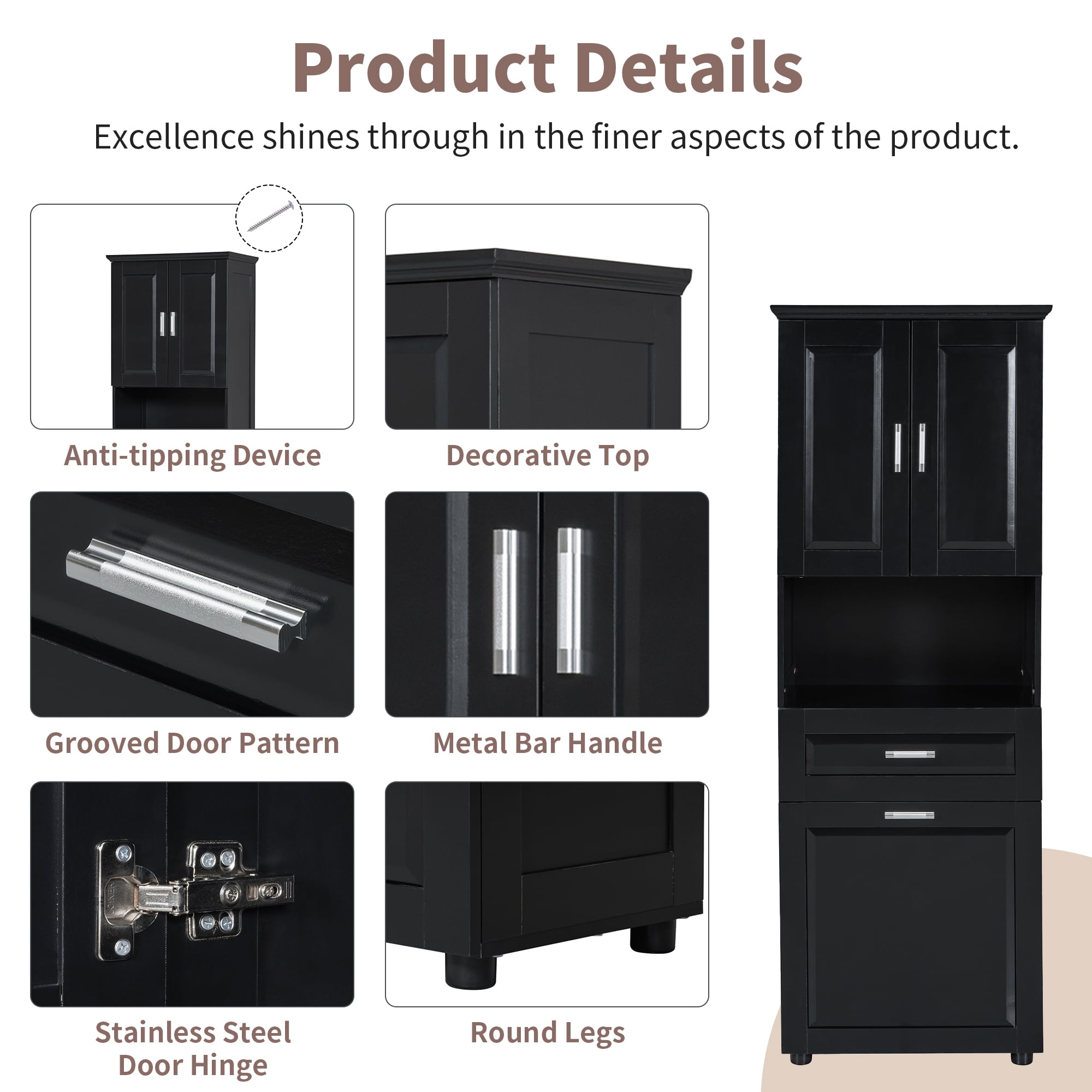 Leumius 70" Tall Bathroom Storage Cabinet with Drawer & Laundry Basket，Modern Freestanding Tilt-Out Laundry Hamper and Upper Storage Cabinet,Black
