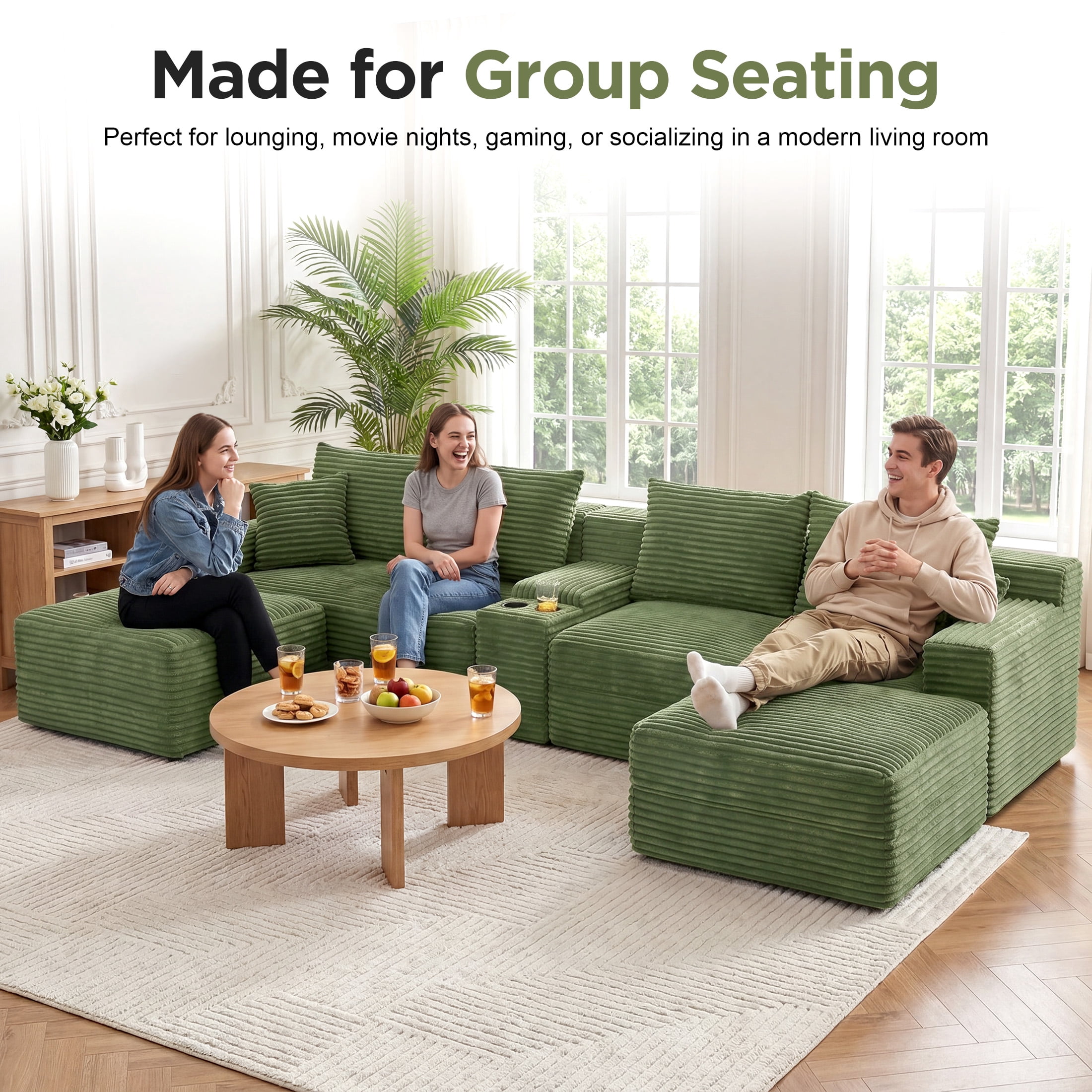 Aenkyo 127" Corduroy U-Shaped Modular Sectional Sofa with Storage Console and Cup Holder, Green