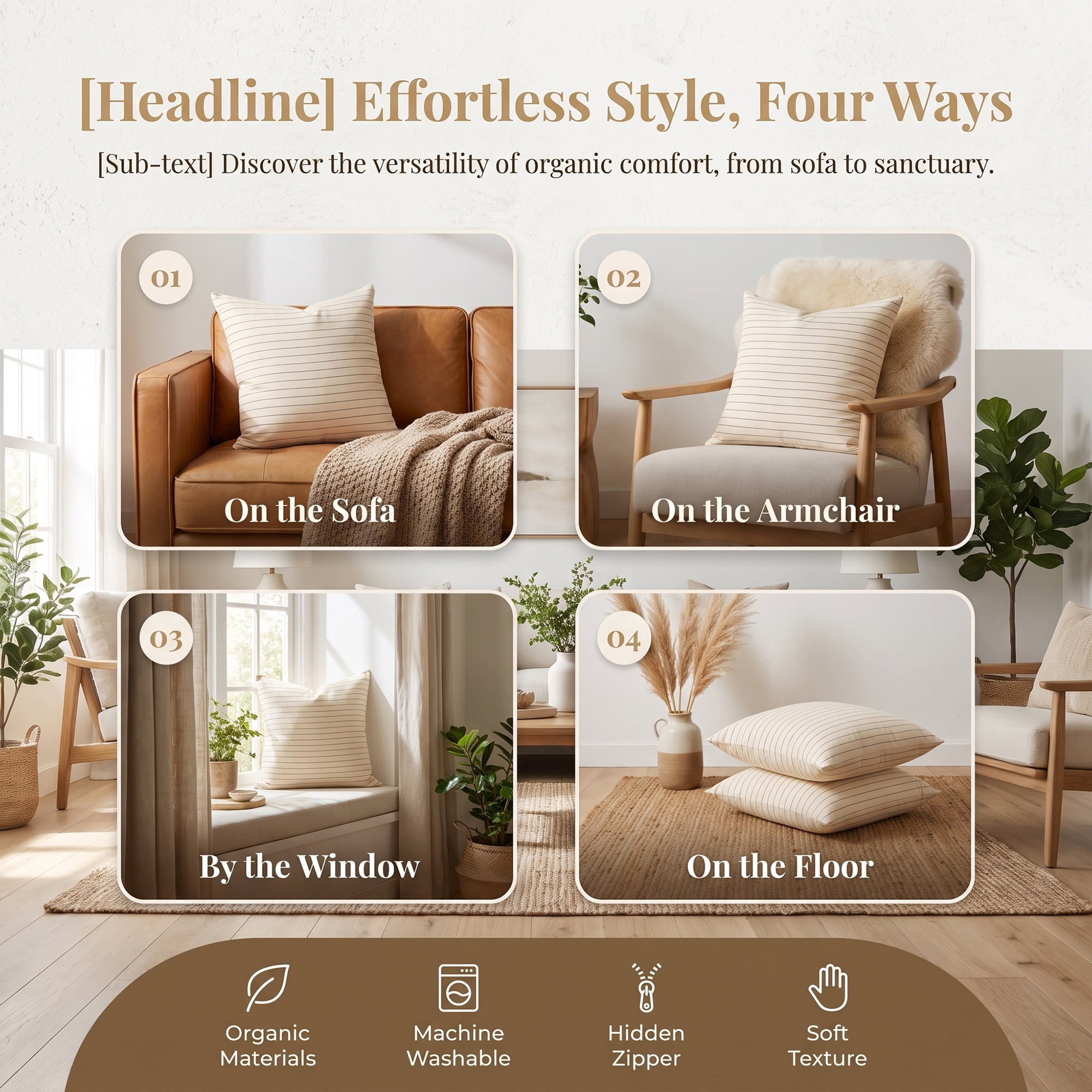 Unique Bargains 2 Pack Fine Stripe Throw Pillow Covers Cotton Blend Cases Beige 18"x18"