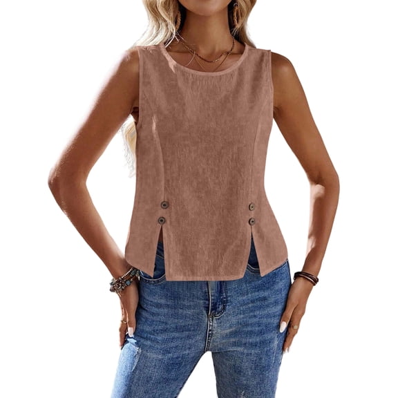 Stichou Womens Tank Tops 2026 Casual Sleeveless Shirt with Button Decor and Side Slit Summer Spring Tops Rose Gold M