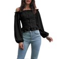 thumbnail image 1 of Women Off Shoulder Long Puff Sleeve Tops Pure Color Front Lace Up Back Shirred Blouse Shirt for Dating Black, 1 of 4