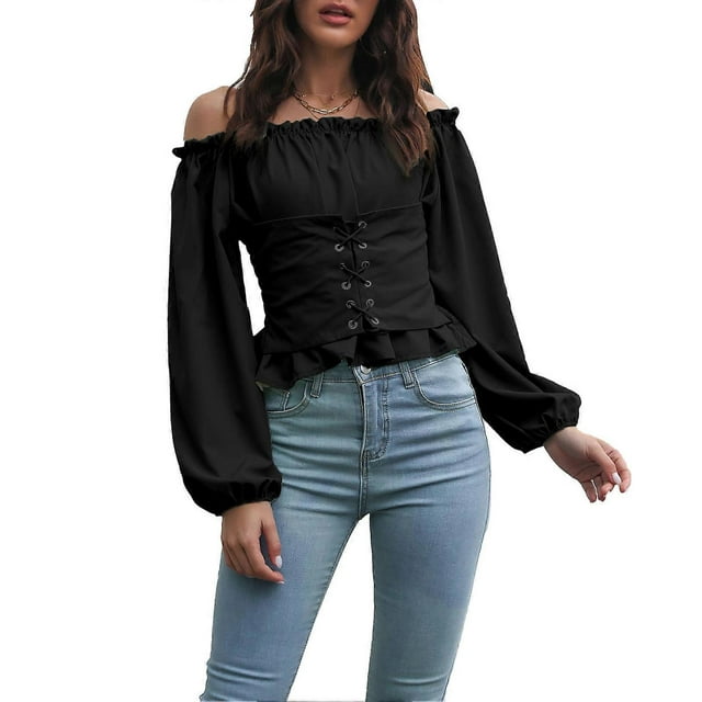 Women Off Shoulder Long Puff Sleeve Tops Pure Color Front Lace Up Back Shirred Blouse Shirt for Dating Black