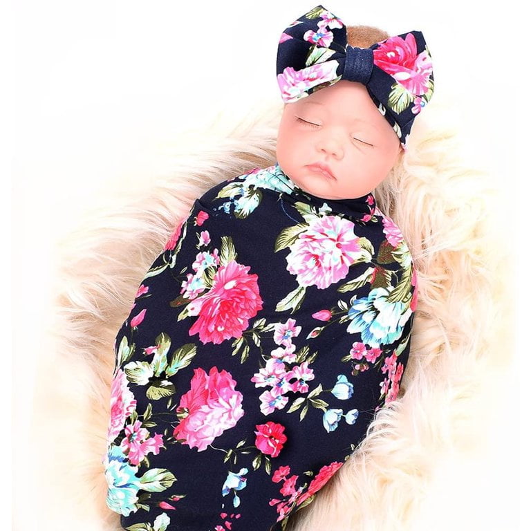 OUSITAI Newborn Baby Sleep Receiving Blanket and Bow Headband Set, Flower Print Baby Swaddle Receiving Blankets for Baby Girls and Boys(Navy Blue Rose)