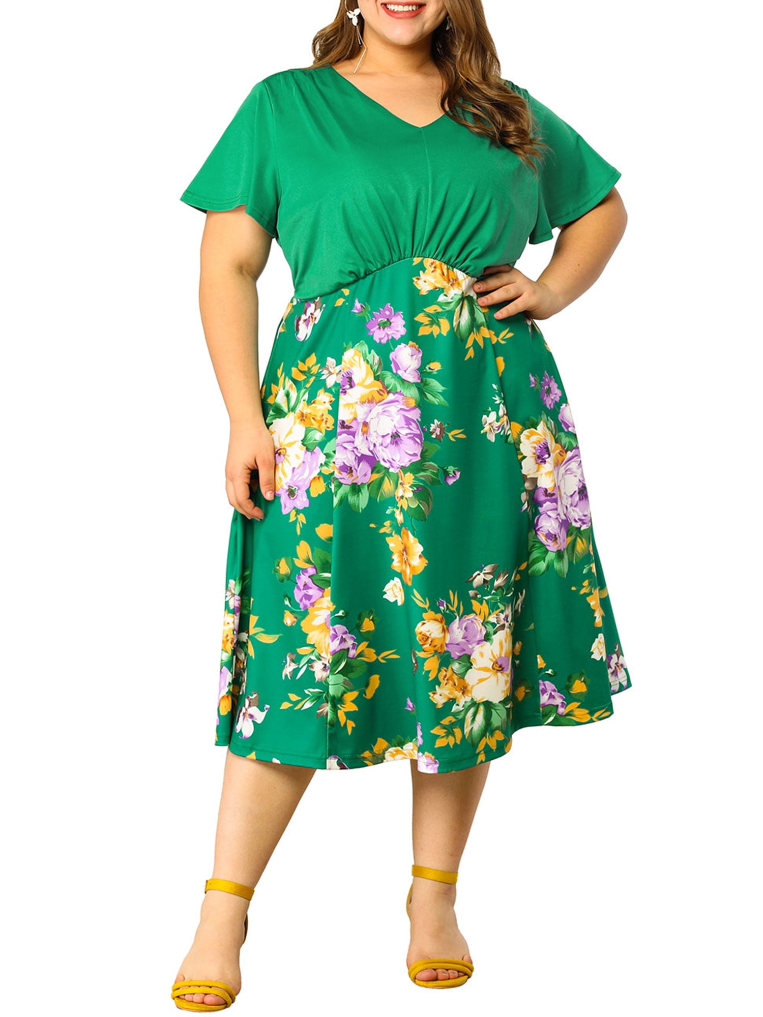 Agnes Orinda Women's Plus Size Short Sleeve Fit Flare Midi Floral Dress ...