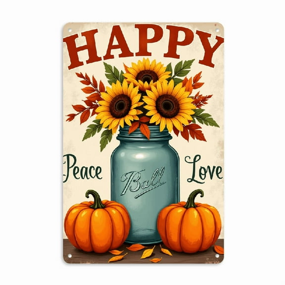 Retro Tin Sign Fall Thanksgiving Pumpkin Leaves Mason Jar Metal Sign Thanksgiving Day Wall Art Decor Welcome Holiday Decor Iron Plaque Sign for Club Bar Garage Wall Decor 8*12inch