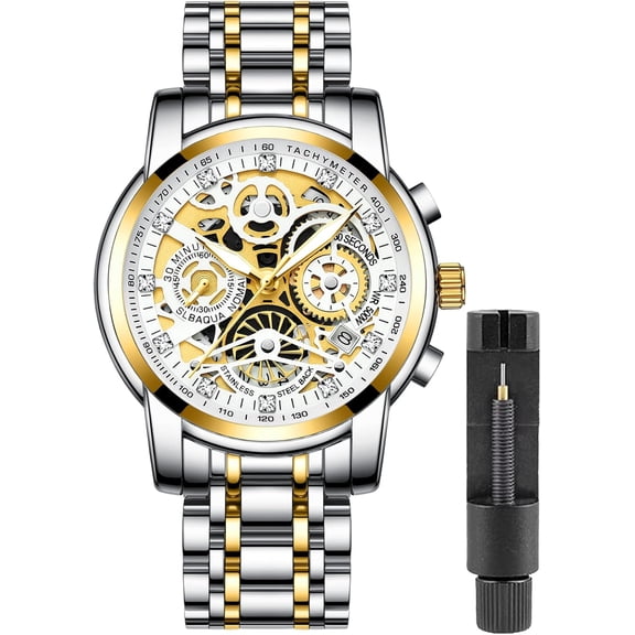 Luxury Hollowed Men's Watches Diamonds Chronography High Grade Fashion Watch for Men Stainless Steel Calendar Luminous Quartz Waterproof Business Male Wristwatch