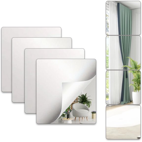 4 Pcs Self Adhesive Mirror, 3mm Thickened Shatteproof Safe Acrylic Stick on Mirror Tiles for Living Room,Bedroom, Workout