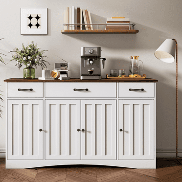 Coffee Bar, Lofka Buffet Cabinet-Spacious Storage with Adjustable Shelves for Dining Room, Living Room, White Rustic Brown