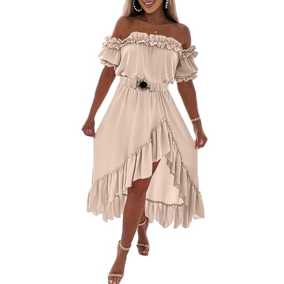 Delconic Off Shoulder Ruffle Hem High Low Dress for Women with Belted Waist and Asymmetrical Skirt Design Suitable for Summer Events Beige L