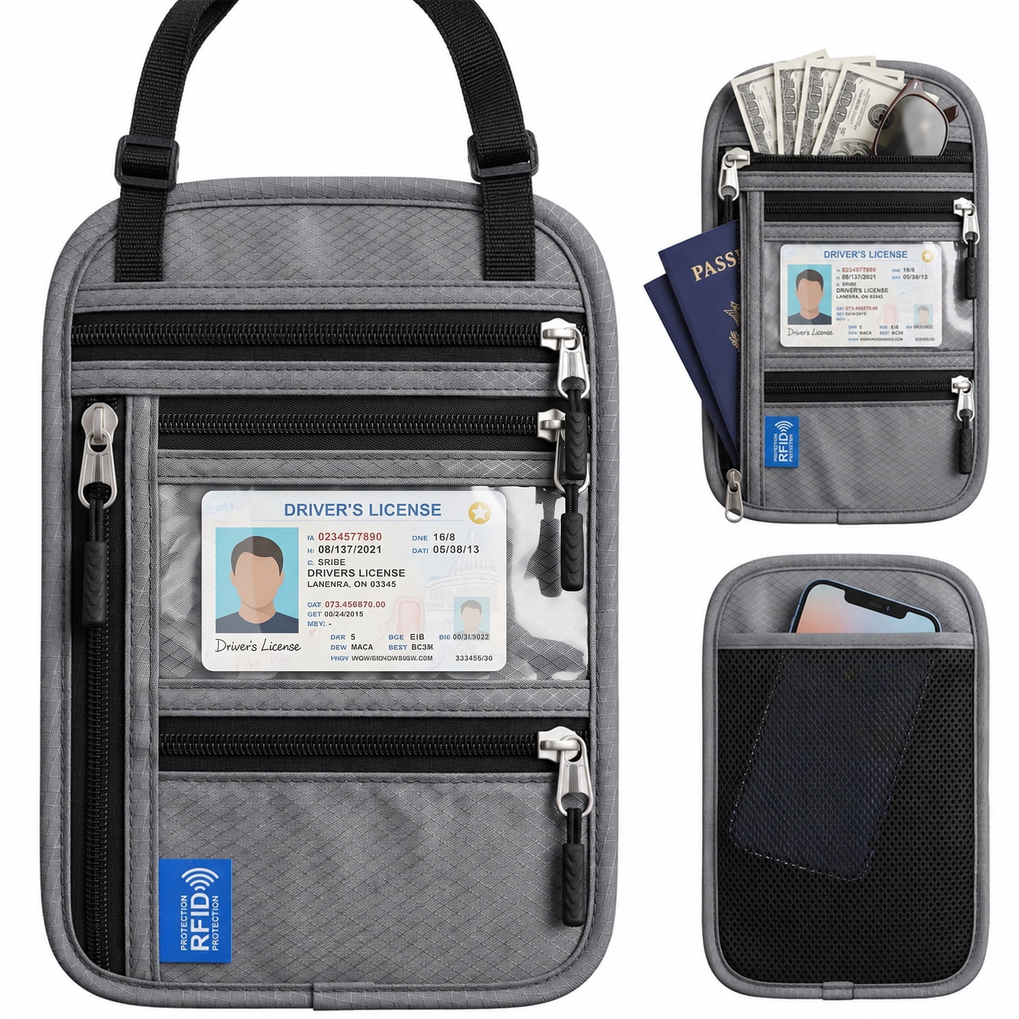 Riousery RFID Passport Holder Neck Wallet, Waterproof Nylon Travel Wallet with ID Window, Zipper Pockets and Adjustable Strap for Women and Men, Light Gray