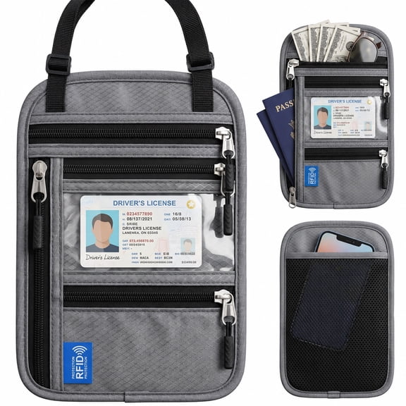Riousery RFID Passport Holder Neck Wallet, Waterproof Nylon Travel Wallet with ID Window, Zipper Pockets and Adjustable Strap for Women and Men, Light Gray