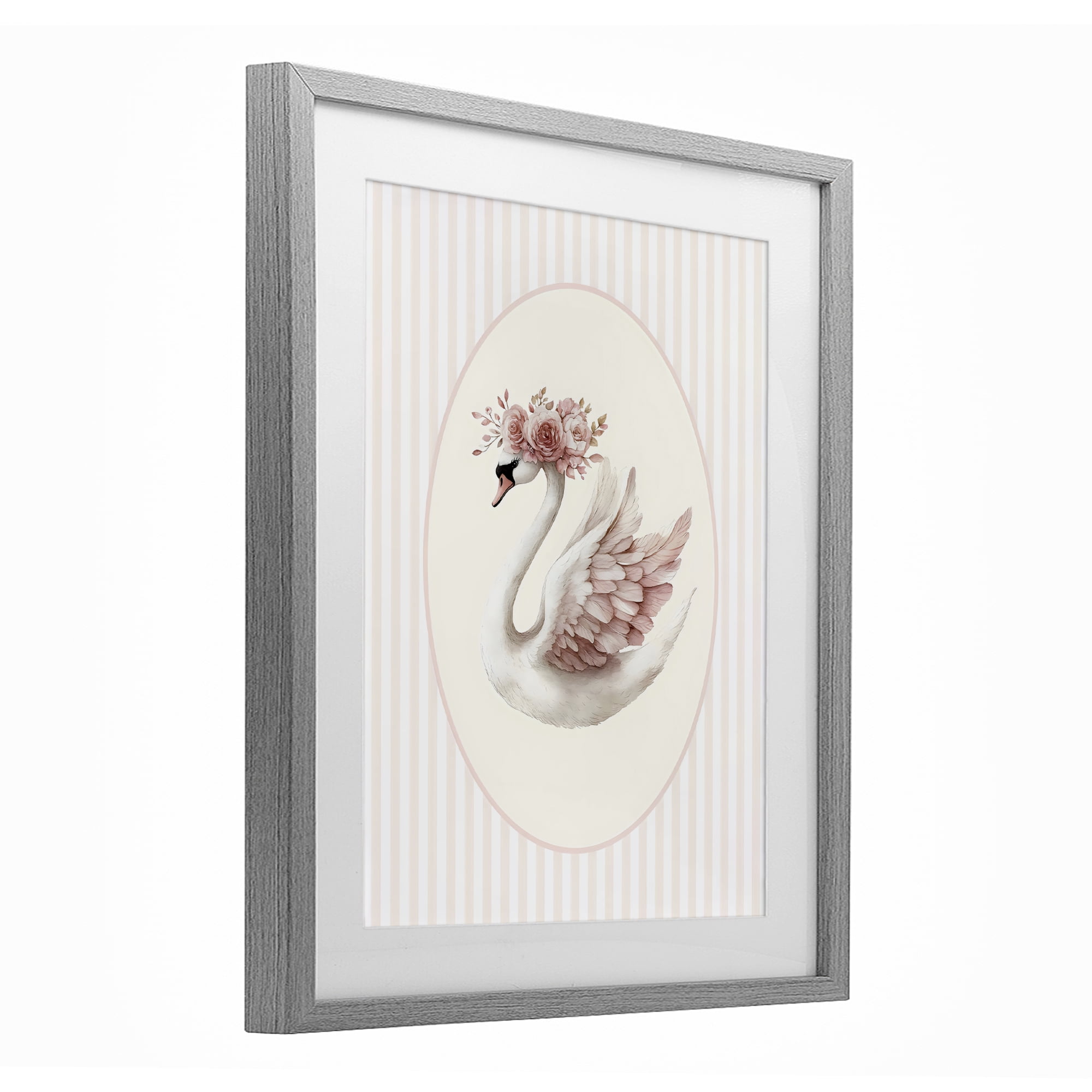 Stupell Industries Nursery Ballerina Swan Striped Gray Framed Print Under Glass, design by LSR Design Studio