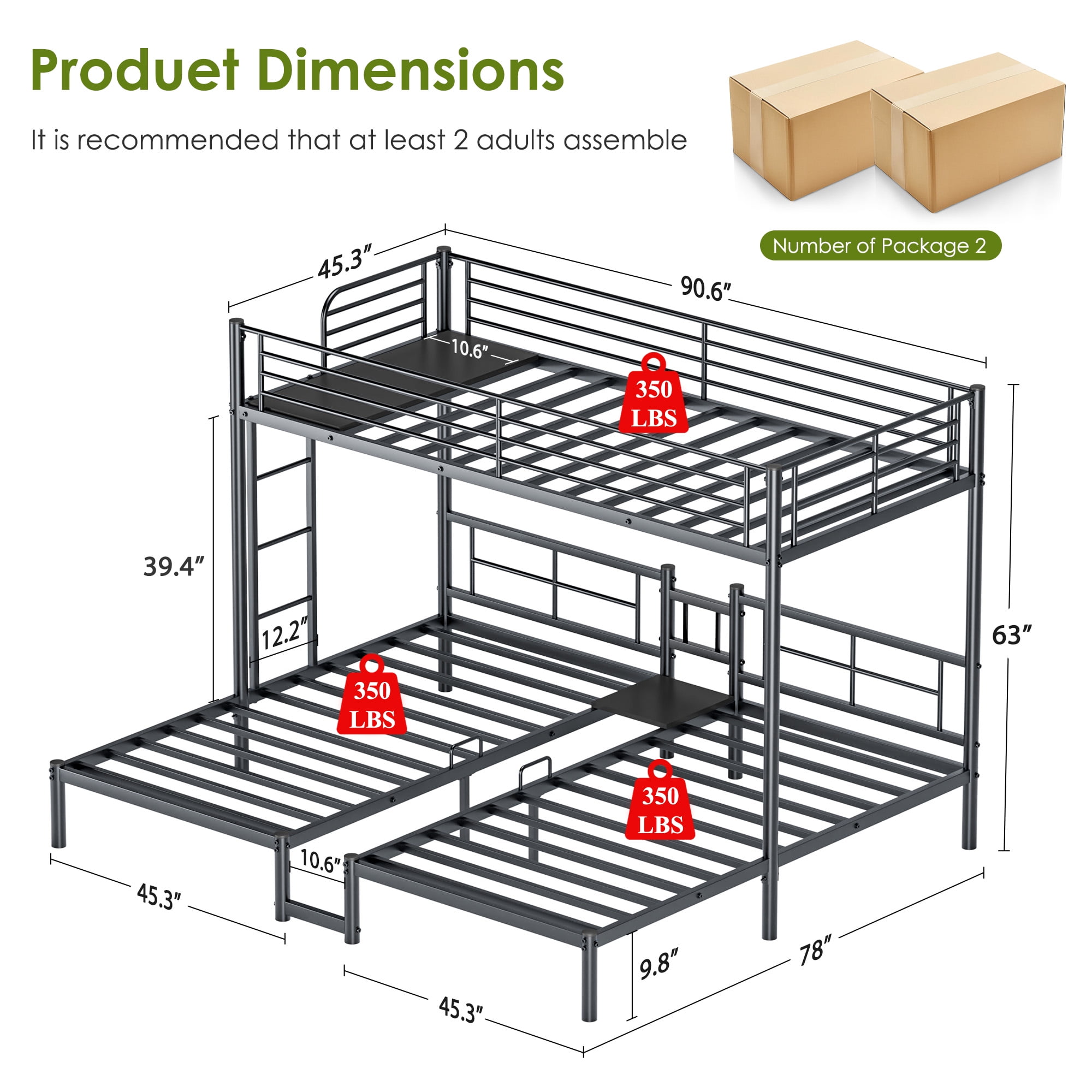Leumius Metal Triple Bunk Bed Twin XL Over Twin Over Twin,Heavy Duty Triple Bunk Bed Frame for 3 Kids/Teens,Metal Bunk Bed Frame w/Under-bed Storage, No Box Spring Needed,Black