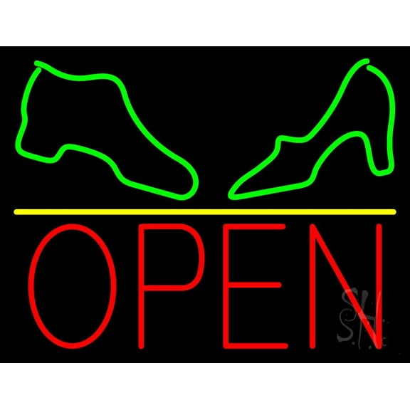 Boot And Sandal Open LED Neon Sign 24 x 31 - inches, Black Square Cut Acrylic Backing, with Dimmer - Bright and Premium built indoor LED Neon Sign for store interior Décor, Storefront.