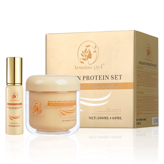 AOMIMEGEL Collagen Hair Mask & Argan Hair Oil Repair Set for Dry Damaged Hair, 16.9 fl oz 2 fl oz