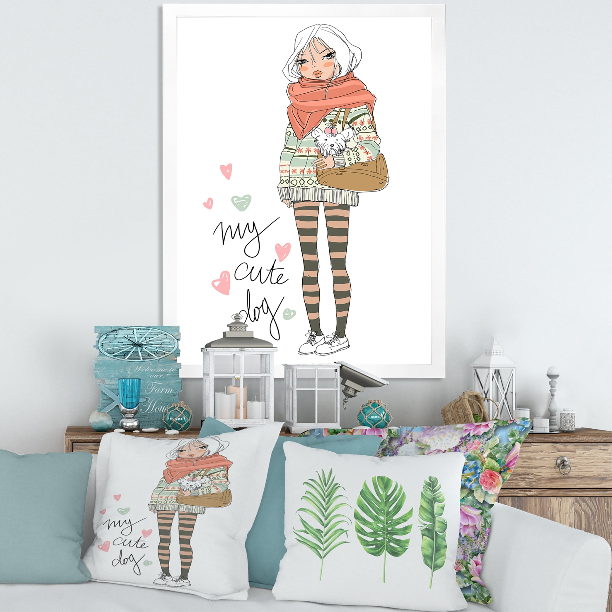 Designart 'My Cute Dog Cute Girl With Dog' Shabby Chic Framed Art Print