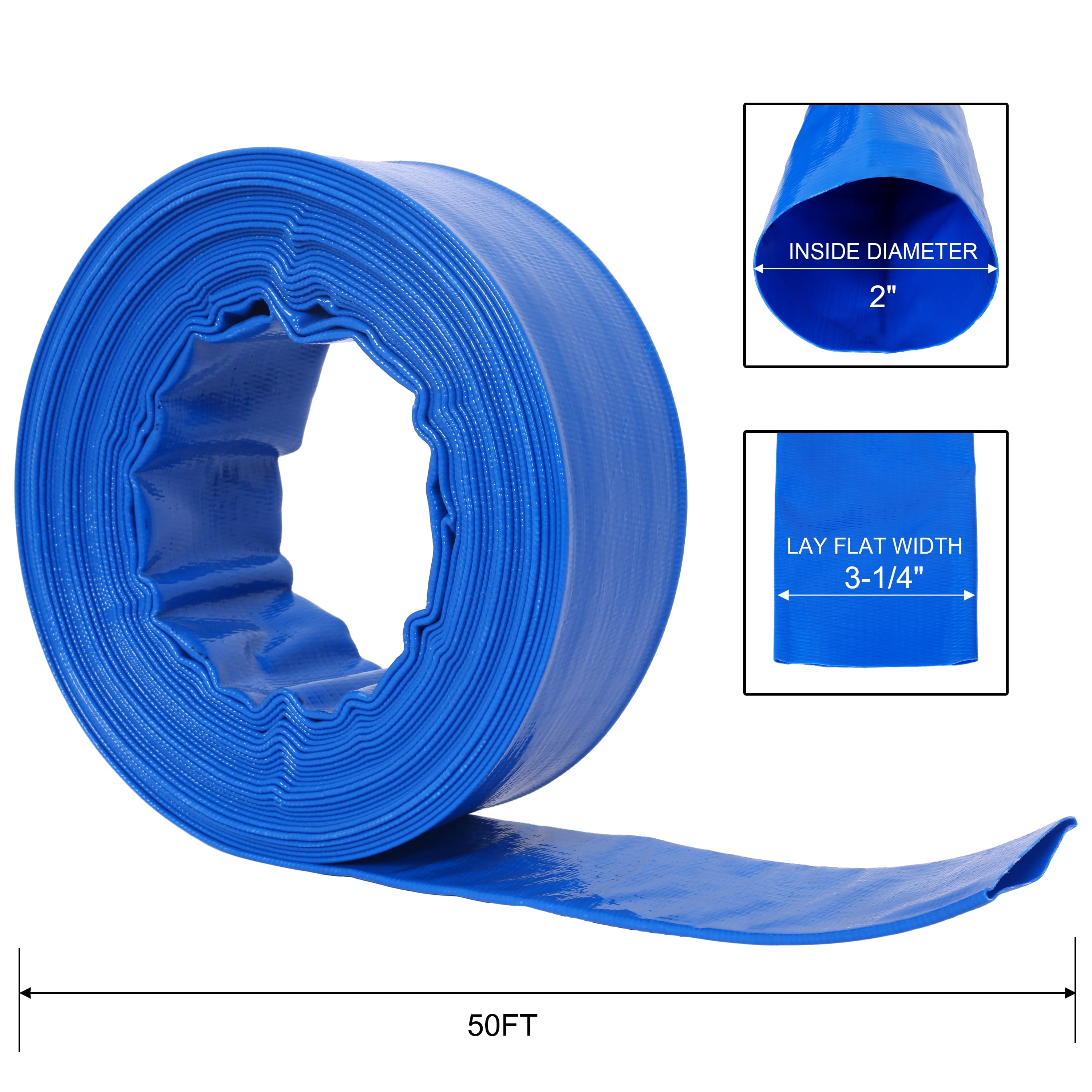 Heavy Duty Backwash Hose with Metal Clamp, 1-1/2"(Flat 2.6") width, 50ft Pool Drain Hose for Swimming Pools Filter Pump