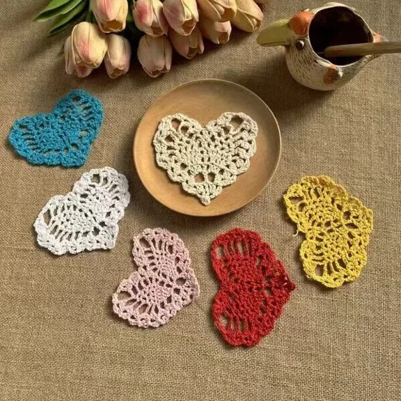 6Pcs/Lot Vintage Hand Crochet Lace Doilies Small Heart Shaped Coasters 4.7x3.5"