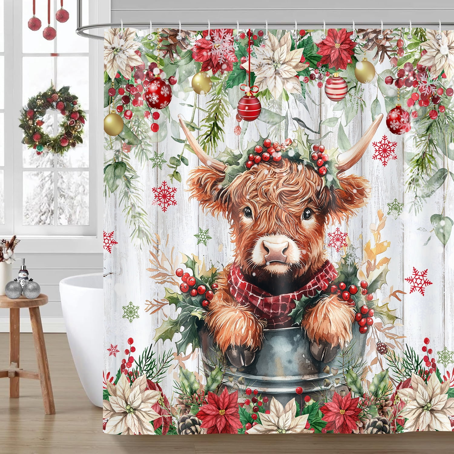 Christmas Highland Cow Shower Curtain, Winter Farmhouse Eucalyptus Leaves Floral Funny Animals Cute Cow Bath Curtain, Western Rustic Cute Wood Home Fabric Shower Curtain Sets with Hooks, 72X72in