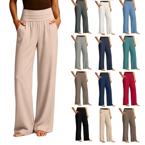 Women's High Waist Wide Leg Pants,Soft Flowy Trousers with Side Pockets,Beige,Women's Capri L