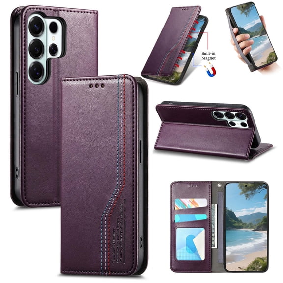 For Samsung Galaxy S26 Ultra Flip phone Case,Magnetic Folio Closure,PU Leather Flip Folding Kickstand,With Card Holder,Three-color Thread Design,Shockproof Anti-fall Durable Phone Case,Purple