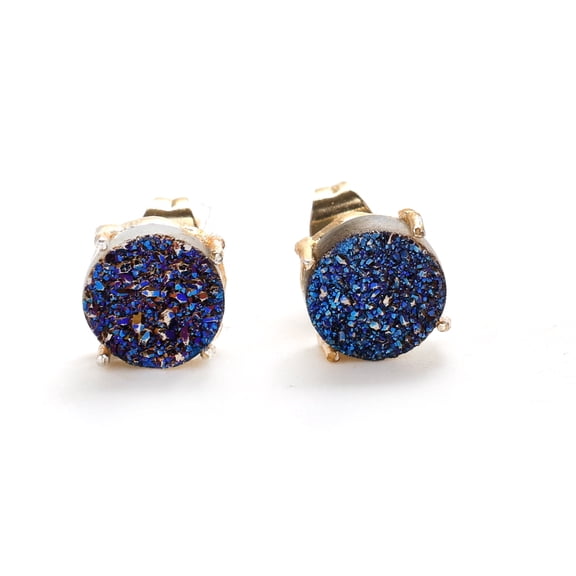 Gempires Blue Titaniam Gemstone Druzy Stud Earrings for Women 14k Gold Plated Handmade Prong Set Studs Raw