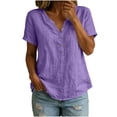 thumbnail image 2 of QUNYINEY Womens Summer Tops Trendy Short Sleeve Cotton Linen Purple T-Shirts Casual Loose Fit Button Pullover V Neck Tops, 2 of 6