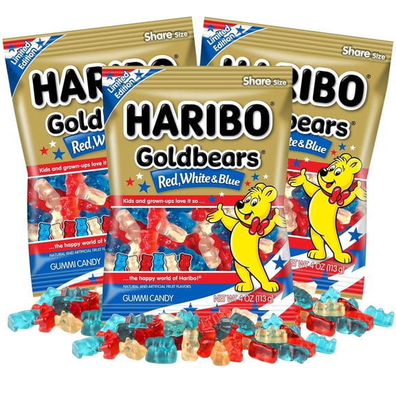 Red, White, and Blue Haribo Gummy Bears, USA Themed Candy, Party Favors, 4 Ounces, Pack of 3